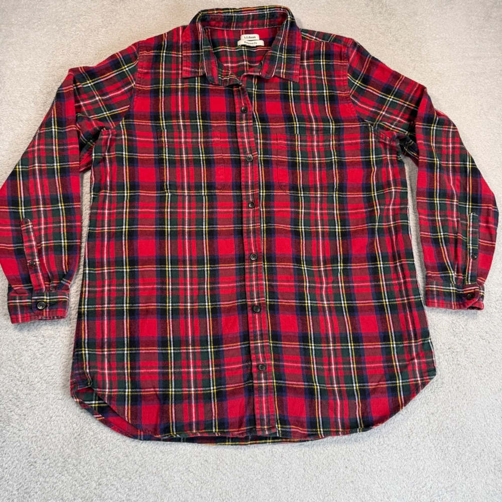 L.L.Bean Scotch Plaid Flannel Shirt Womens XL Red Relaxed Fit Long Sleeve